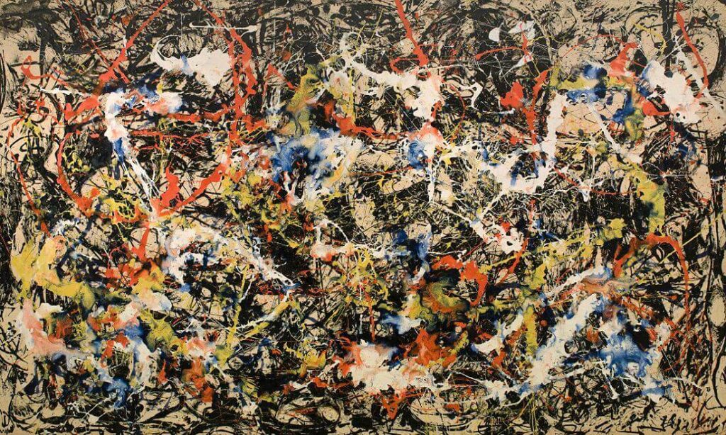 Jackson Pollock's Convergence painting - vibrant abstract expressionist artwork demonstrating the balance of chance and control in creative process, metaphor for international career development journey