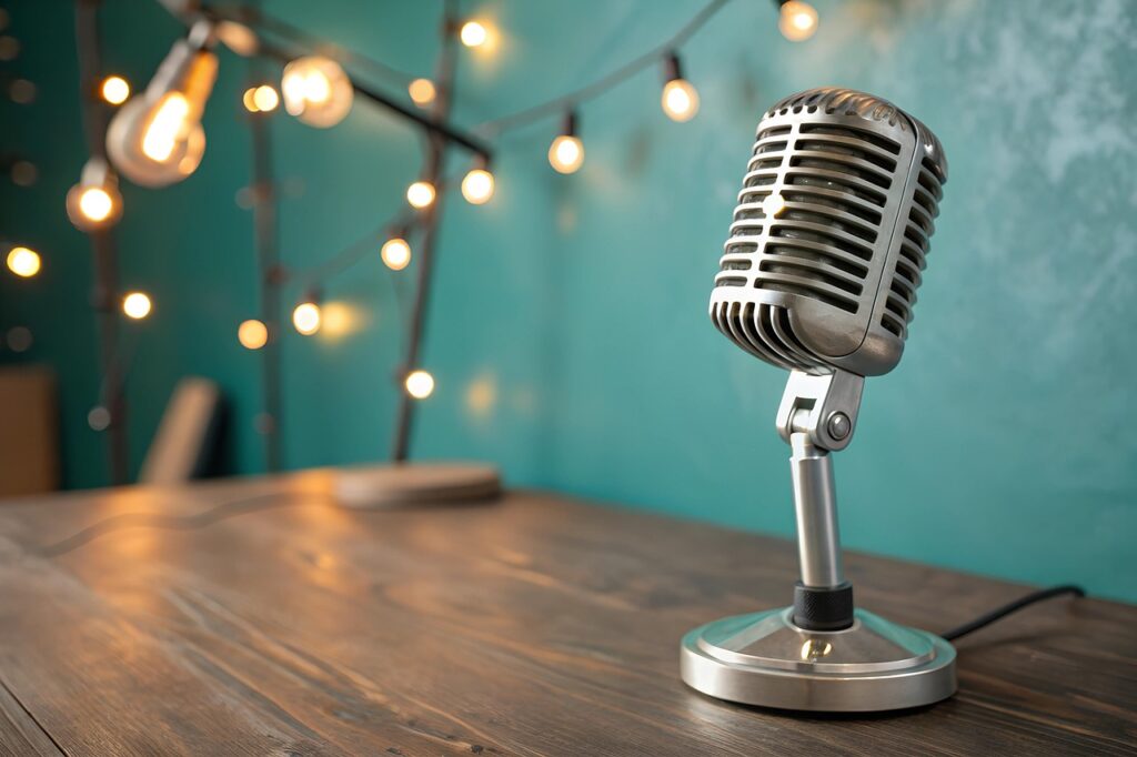 Retro microphone on a table with festive bokeh lights. A vintage-style microphone placed on a wooden table with warm bokeh lights.