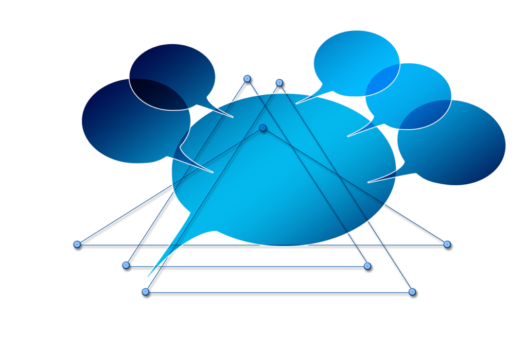 Nodes and lines forming triangles superimposed on speech bubbles