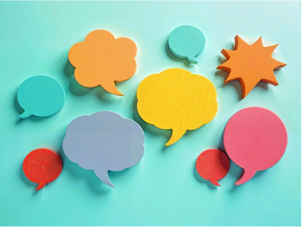Speech bubbles of different shapes and colours representing different small talk topics