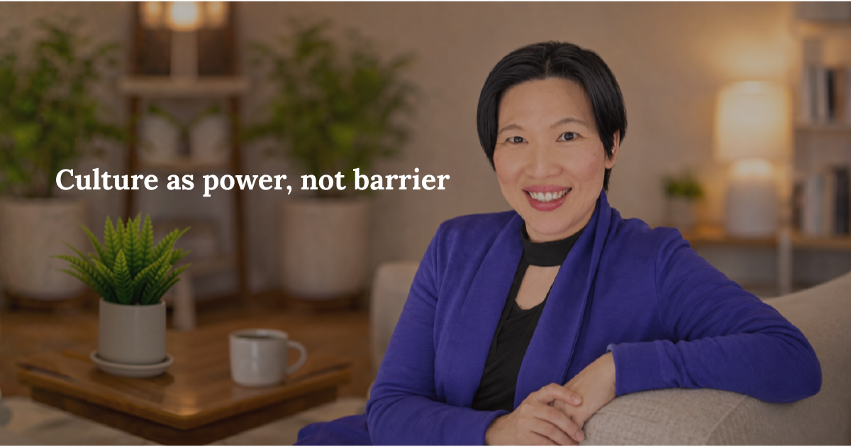 Dr Sherrie Lee smiling in a purple blazer, with the text "Culture as power, not barrier"